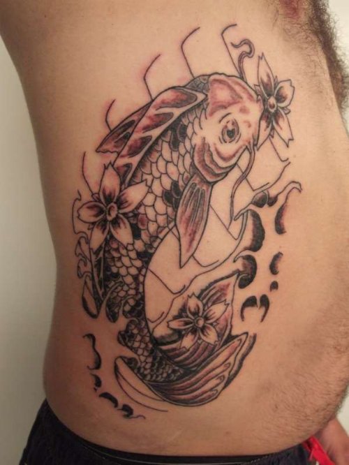 Grey Ink Carp Fish Tattoo On Man Rib Side